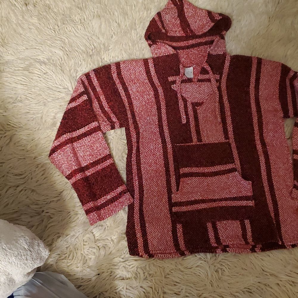 Red And Magenta Striped 90S Baja Bojo Hoodie Poncho Rug Size Large - Picture 4 of 5